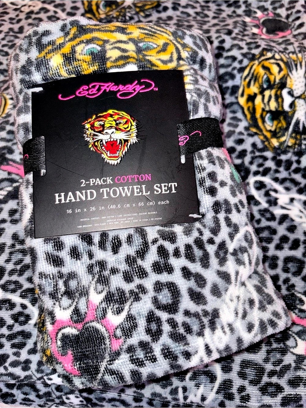 Ed Hardy Printed Cotton Bath Towel and Hand Towel Set Animal Print Gray & Pink